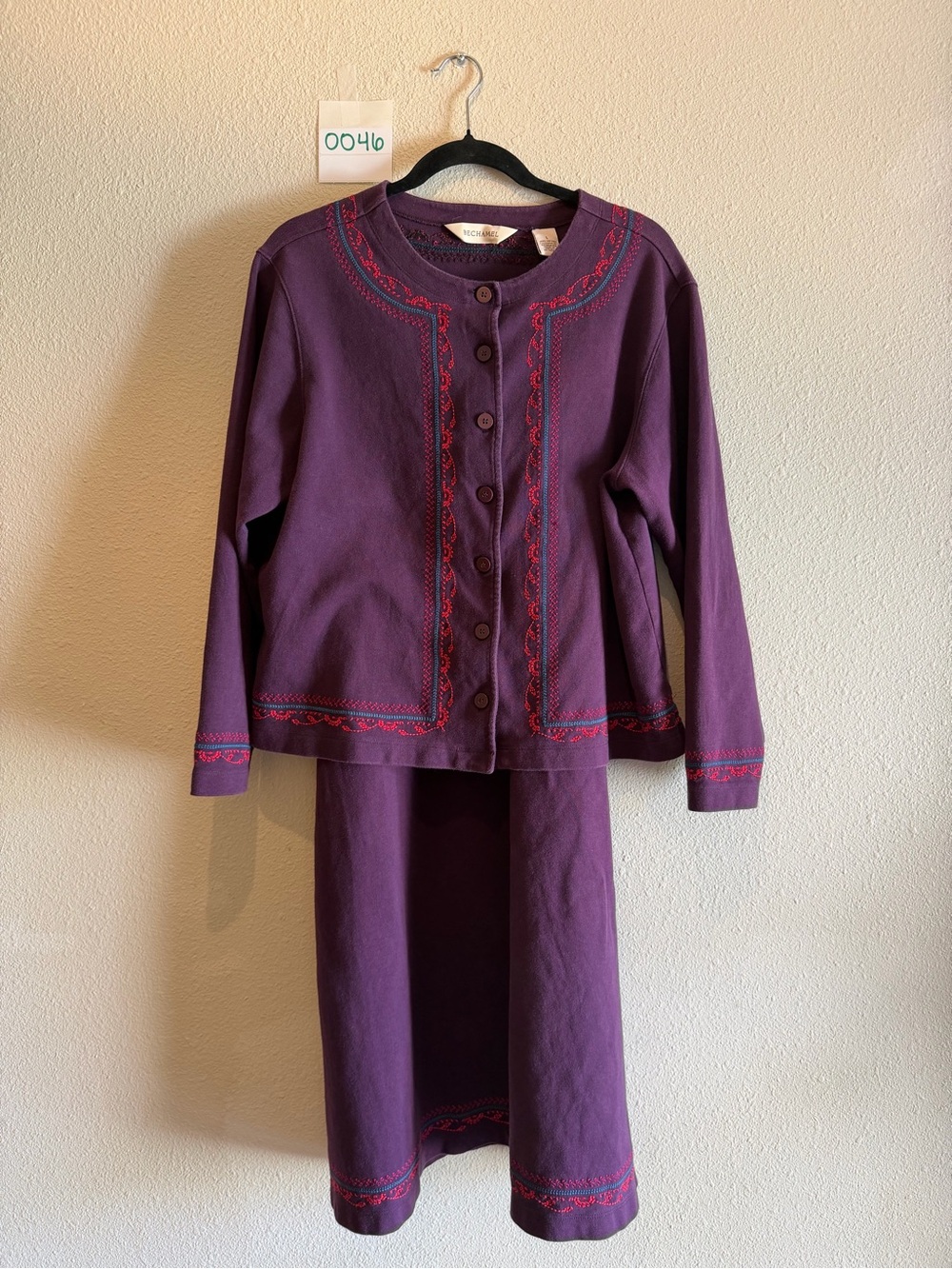 Vintage Bechamel 2 Piece Purple Embroidered Jacket Skirt Set L Boho Cottagecore
